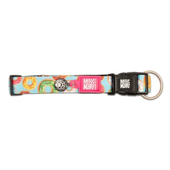 Hundehalsband mit buntem Donut-Muster, schwarze Schnalle, Metallring und "Max & Molly Urban Pets" Logoanhänger.