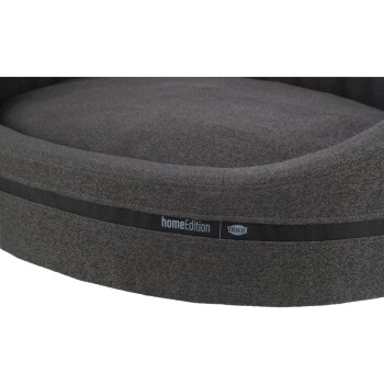 Graues Haustierbett mit abgerundetem Design, mit einem schwarzen Streifen, der "homeEdition" beschriftet ist, und der Marke "TRIKIE."