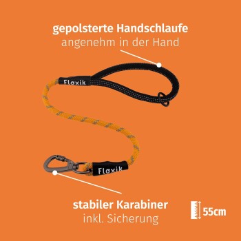 Hundeleine mit gepolstertem Griff für Komfort, einem stabilen Karabiner mit Sicherheitsmechanismus und einer Länge von 55 cm, auf einem orangefarbenen Hintergrund.
