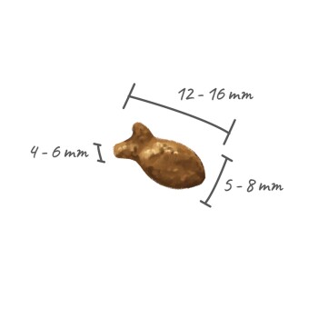 Illustration eines fischförmigen Haustierleckerli, das 12-16 mm lang, 4-6 mm hoch und 5-8 mm breit ist.