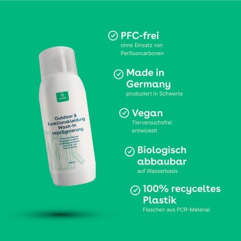Umweltfreundliche Outdoor-Bekleidungswasch-Imprägnierflasche, beschriftet mit "PFC-frei," "Vegan," "Biologisch abbaubar," und "100% recyceltes Plastik."