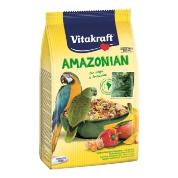 Vitakraft Amazonien Vogelfutterverpackung mit einem blauen und gelben Ara und einem grünen Wellensittich, mit einer Schüssel gemischter Samen und Früchte.