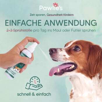 Zahnspray für Haustiere von Pawlie's, fördert die Zahnpflege in Sekunden, beseitigt schlechten Atem, bekämpft Zahnstein und unterstützt gesundes Zahnfleisch.