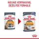 Twee Royal Canin kattenvoer zakjes: "Intense Beauty" links, "Hair & Skin" rechts, met "Nieuwe verpakking, dezelfde formule."