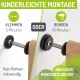 Vergleich von zwei Montagemethoden: "KLEMMEN" (5 min, kein Bohren) vs. "BOHREN" (10 min). Text: "EINFACHE MONTAGE" und "INKLUSIVE MONTAGEZUBEHÖR."
