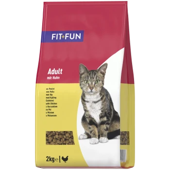 FIT+FUN Adult Katzenfutter mit Huhn, 2kg Beutel mit Bild einer getigerten Katze und Trockenfutter.