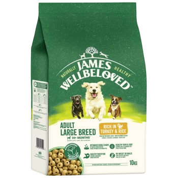 James Wellbeloved Adult Large Breed dog food bag, rich in turkey & rice, hypoallergenic, 10kg, with images of three dogs.