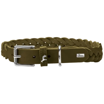 Olivgrünes geflochtenes Lederhundehalsband mit silberner Schnalle und kleinem Hundesymbol, mit dem Markennamen "HUNTER."