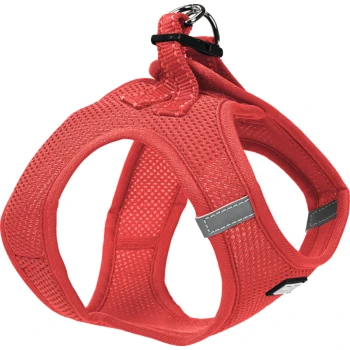 Red mesh dog harness with adjustable straps and a metal D-ring for leash attachment, designed for comfort and safety.