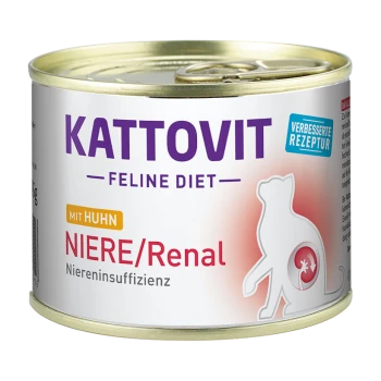 Nourriture en conserve pour chats Kattovit Feline Diet avec poulet, étiquetée pour le soutien rénal, présentant une silhouette de chat et le texte "Niere/Renal."