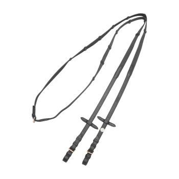 Schwarze Leder-Hundeleine mit verstellbaren Clips und gepolsterten Griffen, vor einem weißen Hintergrund präsentiert.