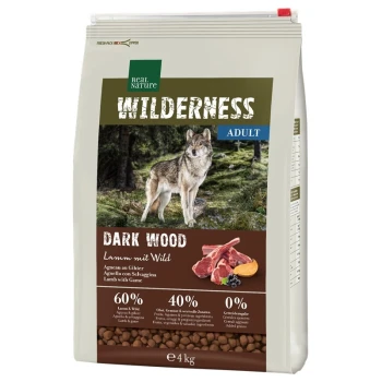 4 kg Beutel von Real Nature Wilderness Adult Hundefutter, "Dunkles Holz," mit Wolfdesign; 60% Lamm & Wild, 40% Früchte/Gemüse, 0% Getreide.