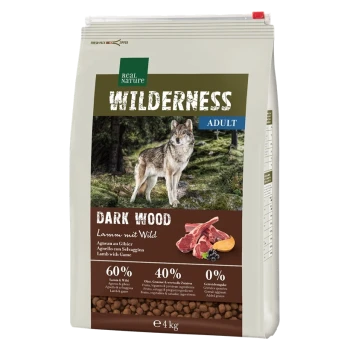 4 kg Beutel von Real Nature Wilderness Adult Hundefutter, "Dunkles Holz," mit Wolfdesign; 60% Lamm & Wild, 40% Früchte/Gemüse, 0% Getreide.