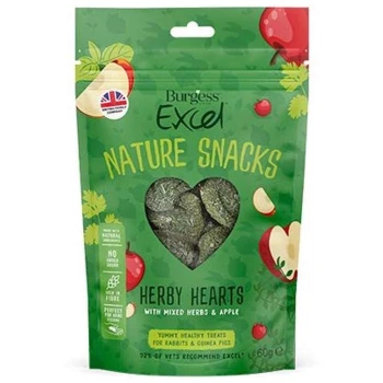 Green packaging of Burgess Excel Nature Snacks featuring "Herby Hearts" with mixed herbs and apple, suitable for rabbits and guinea pigs.