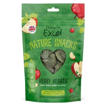 Green packaging of Burgess Excel Nature Snacks featuring "Herby Hearts" with mixed herbs and apple, suitable for rabbits and guinea pigs.