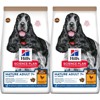 Dwie torby karmy dla psów Hill's Science Plan dla dorosłych, oznaczone "No Grain" z czarno-białym psem na przodzie.