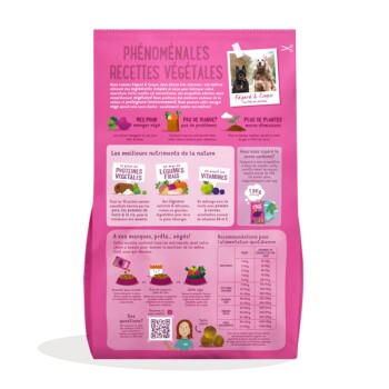 Emballage de nourriture pour animaux à base de plantes rose avec le texte "PHÉNOMÉNALES RECETTES VÉGÉTALES", des illustrations de légumes et des conseils d'alimentation.