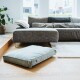 Rechteckiges hellblaues Haustierkissen auf Holzboden in einem modernen Wohnzimmer mit grauem Sofa und Topfpflanze.