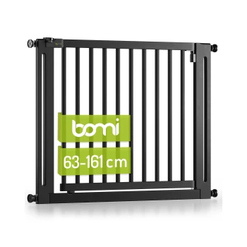 Schwarzes Haustiersicherheitsgitter mit verstellbarer Breite von 63-161 cm, mit dem Markennamen 'bomi' in grüner Schrift.
