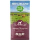 Hundfuttertüte mit der Aufschrift "100% IRLAND" mit der Marke "irish pure", zeigt Kühe auf einer grünen Wiese und besagt "Erwachsene. Empfindlichkeit." 65% Fleisch, 35% Gemüse.
