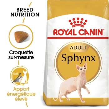 Sphynx Adulte Croquettes Chat 2 kg Sac de nourriture pour chats Royal Canin Sphynx Adult avec une illustration de chat Sphynx, mettant en avant la nutrition de la race et une haute teneur en énergie.
