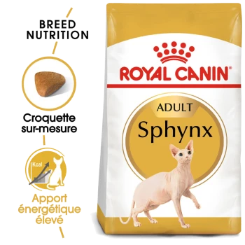 Sac de nourriture pour chats Royal Canin Sphynx Adult avec une illustration de chat Sphynx, mettant en avant la nutrition de la race et une haute teneur en énergie.