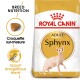 Sac de nourriture pour chats Royal Canin Sphynx Adult avec une illustration de chat Sphynx, mettant en avant la nutrition de la race et une haute teneur en énergie.