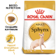 Sac de nourriture pour chats Royal Canin Sphynx Adult avec une illustration de chat Sphynx, mettant en avant la nutrition de la race et une haute teneur en énergie.