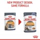 Comparison of two Royal Canin cat food pouches: "Intense Beauty" left, "Hair & Skin" right, noting "New design, same formula."