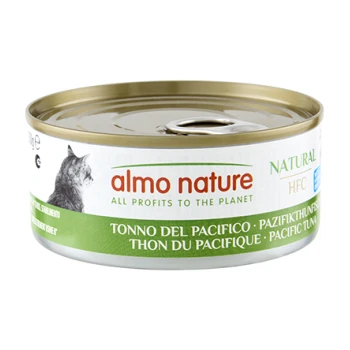 Almo Nature kattenvoer in blik, groen etiket, kattensilhouet, tekst: almo nature Alle opbrengsten voor de planeet; Tonijn uit de Stille Oceaan