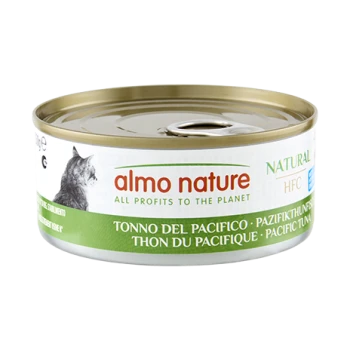Almo Nature kattenvoer in blik, groen etiket, kattensilhouet, tekst: almo nature Alle opbrengsten voor de planeet; Tonijn uit de Stille Oceaan