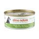 Almo Nature kattenvoer in blik, groen etiket, kattensilhouet, tekst: almo nature Alle opbrengsten voor de planeet; Tonijn uit de Stille Oceaan