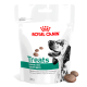 Weiße Royal Canin Snacks-Tüte mit der Aufschrift 'Compatible with Satiety Diets', Abbildung eines gesprenkelten Hundes, 230 g.
