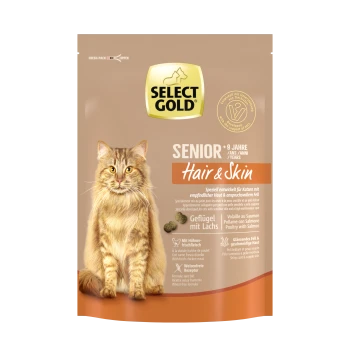 Emballage de nourriture pour chats Select Gold Senior Hair & Skin avec un chat orange duveteux, avec un texte mettant en avant les bienfaits pour la peau et le pelage sensibles.