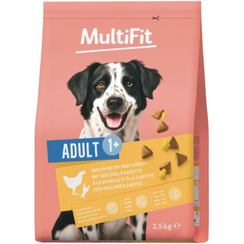 MultiFit rosa Hundefutterbeutel mit lächelndem schwarz-weißem Hund, ADULT 1+, mit Geflügel & Karotte, 2,5 kg