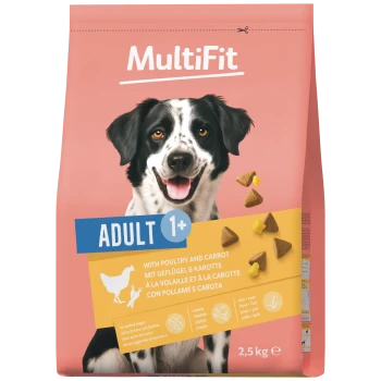 Sac de nourriture MultiFit rose avec chien noir et blanc souriant, ADULT 1+, avec volaille et carotte, 2,5 kg