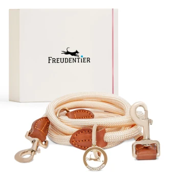 Führleine 2m & 3-fach verstellbar Eine stilvolle Hundeleine aus cremefarbenem Seil mit braunen Lederakzenten, neben einer weißen Box mit dem Logo "FREUDENTIER" präsentiert.