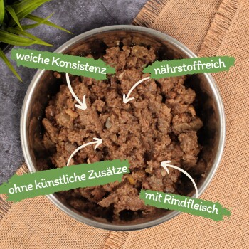 Zwei Schalen mit Haustierfutter—gelb und grün—gefüllt mit braunem Fleisch, neben weißen Seilspielzeugen; der Text sagt "Nährstoffe" und "Reich an Rind."