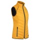 Eine ärmellose gelbe Steppweste mit hohem Kragen und schwarzen Akzenten, mit einem Frontreißverschluss und zwei Seitentaschen.
