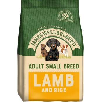 James Wellbeloved Adult Small Breed Lamb and Rice dog food packaging, featuring illustrations of three dogs and a green and beige design.