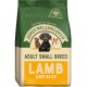 James Wellbeloved Adult Small Breed Lamb and Rice dog food packaging, featuring illustrations of three dogs and a green and beige design.