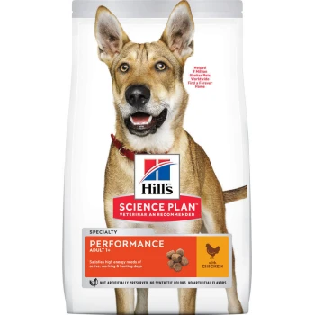 Hill's Science Plan Performance Hundefutterbeutel, mit einem braunen Hund, beschriftet für aktive, arbeitende und jagende Hunde mit Huhn.