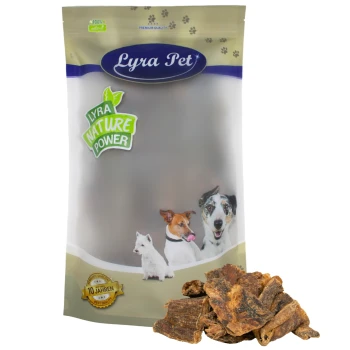 Rinderherz 1 kg Lyra Pet Hundeleckerlipackung mit drei Hunden auf der Vorderseite, beschriftet mit "100% natürlich" und "Lyra Nature Power," mit Leckerlis, die vorne angezeigt werden.