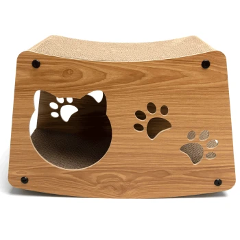 - 2in1 Kratzbrett für Katzen Holz-Kratzbaum für Katzen mit einer gewölbten Oberseite, mit ausgeschnittenem Katzenkopf und Pfotenabdrücken, entworfen für das Spielen und Kratzen von Haustieren.