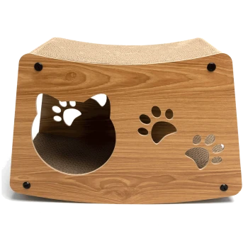 Holz-Kratzbaum für Katzen mit einer gewölbten Oberseite, mit ausgeschnittenem Katzenkopf und Pfotenabdrücken, entworfen für das Spielen und Kratzen von Haustieren.