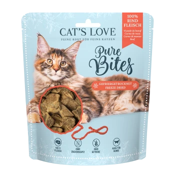 Opakowanie przysmaków z suszonego mięsa Cat's Love Pure Bites pokazuje Maine Coon, podkreślając 100% mięsa, brak dodatków i przyjazność dla psów.