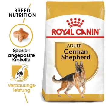 Royal Canin Adult Deutscher Schäferhund Hundefutterbeutel mit einer Illustration eines Deutschen Schäferhundes und Text über Rassenernährung und Verdauungsgesundheit.