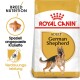 Royal Canin Adult Deutscher Schäferhund Hundefutterbeutel mit einer Illustration eines Deutschen Schäferhundes und Text über Rassenernährung und Verdauungsgesundheit.