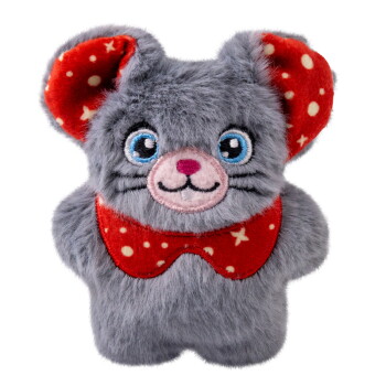 Gray plush mouse toy with blue eyes, red polka dot ears and collar, smiling face, on white background.