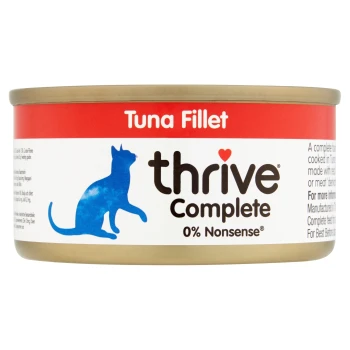 Une boîte de nourriture pour chat au thon de Thrive Complete, présentant une silhouette de chat bleue et le texte "0% Nonsense."